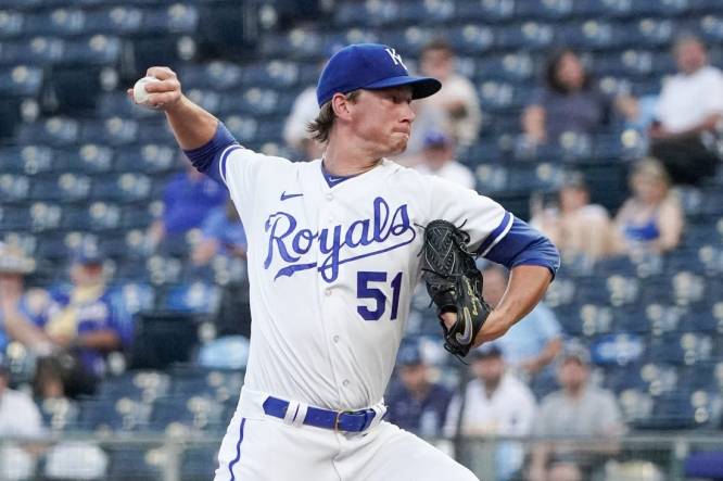 Sep 5, 2023; Kansas City, Missouri, USA; Kansas City Royals starting pitcher Brady Singer (51) delivers a pitch against the Chicago White Sox during the first inning at Kauffman Stadium. Mandatory Credit: Denny Medley-USA TODAY Sports