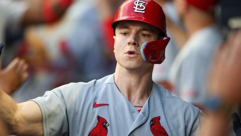 Sep 5, 2023; Atlanta, Georgia, USA; St. Louis Cardinals left fielder Tyler O'Neill (27) celebrates with teammates after a two-run home run against the Atlanta Braves in the second inning at Truist Park. Mandatory Credit: Brett Davis-USA TODAY Sports