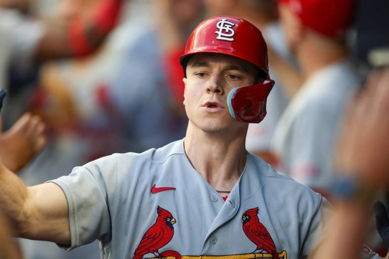 Sep 5, 2023; Atlanta, Georgia, USA; St. Louis Cardinals left fielder Tyler O'Neill (27) celebrates with teammates after a two-run home run against the Atlanta Braves in the second inning at Truist Park. Mandatory Credit: Brett Davis-USA TODAY Sports