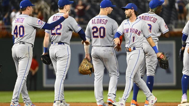 Sep 5, 2023; Washington, District of Columbia, USA; New York Mets right fielder Jeff McNeil (1) and first baseman Pete Alonso (20) celebrate after the game against the Washington Nationals at Nationals Park. Mandatory Credit: Brad Mills-USA TODAY Sports
