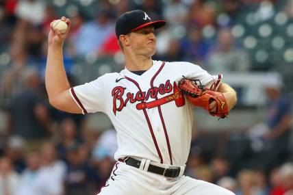 Sep 5, 2023; Atlanta, Georgia, USA; Atlanta Braves starting pitcher Michael Soroka (40) throws against the St. Louis Cardinals in the first inning at Truist Park. Mandatory Credit: Brett Davis-USA TODAY Sports