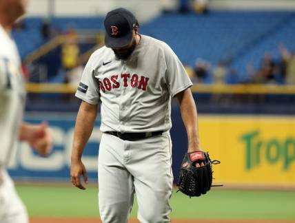 Sep 5, 2023; St. Petersburg, Florida, USA; Boston Red Sox relief pitcher Kenley Jansen (74) reacts as they lost to the Tampa Bay Rays at Tropicana Field. Mandatory Credit: Kim Klement Neitzel-USA TODAY Sports