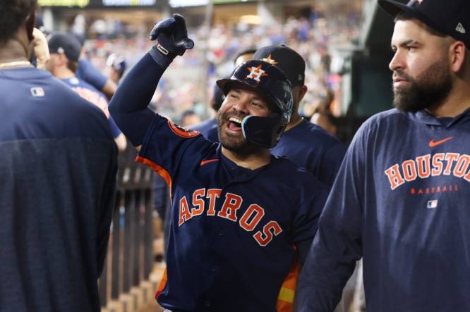 Sep 5, 2023; Arlington, Texas, USA; Houston Astros second baseman Jose Altuve (27) celebrates hitting a home run with his teammates in the third inning against the Texas Rangers at Globe Life Field. Mandatory Credit: Tim Heitman-USA TODAY Sports