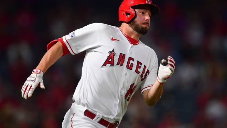 Sep 5, 2023; Anaheim, California, USA; Los Angeles Angels first baseman Nolan Schanuel (18) runs after hitting a single against the Baltimore Orioles during the seventh inning at Angel Stadium. Mandatory Credit: Gary A. Vasquez-USA TODAY Sports