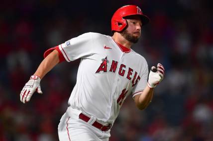 Sep 5, 2023; Anaheim, California, USA; Los Angeles Angels first baseman Nolan Schanuel (18) runs after hitting a single against the Baltimore Orioles during the seventh inning at Angel Stadium. Mandatory Credit: Gary A. Vasquez-USA TODAY Sports