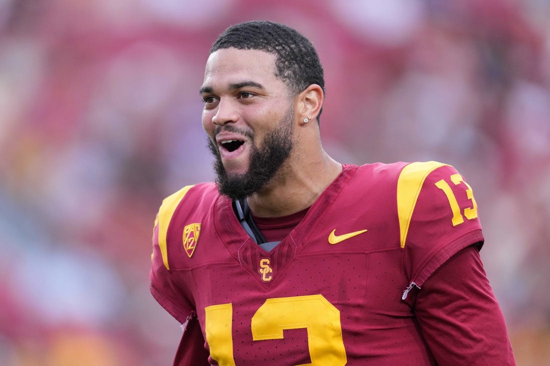 Sep 2, 2023; Los Angeles, California, USA; Southern California Trojans quarterback Caleb Williams (13) reacts against the Nevada Wolf Pack in the second half at United Airlines Field at Los Angeles Memorial Coliseum. Mandatory Credit: Kirby Lee-USA TODAY Sports