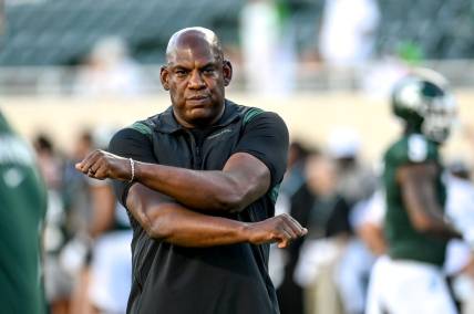 Michigan State's head coach Mel Tucker walks the field before the football game against Central Michigan on Friday, Sept. 1, 2023, at Spartan Stadium in East Lansing.