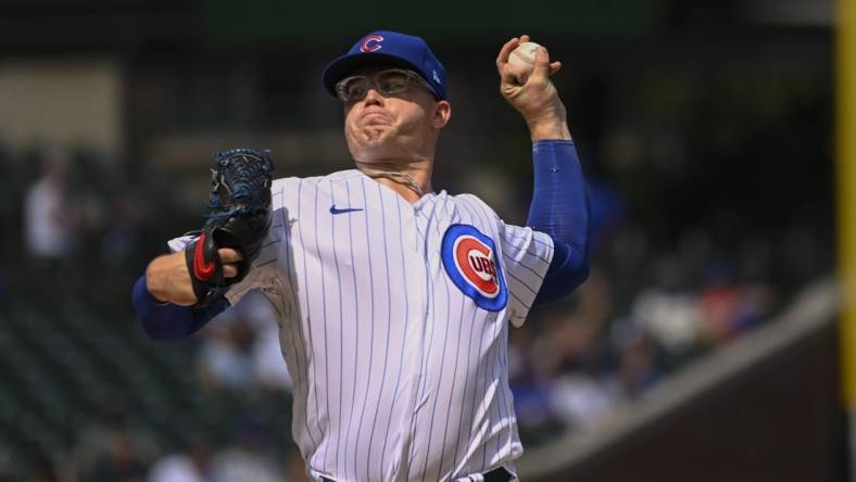 Sep 6, 2023; Chicago, Illinois, USA;  Chicago Cubs starting pitcher Jordan Wicks (36) delivers a pitch against the San Francisco Giants during the first inning at Wrigley Field. Mandatory Credit: Matt Marton-USA TODAY Sports