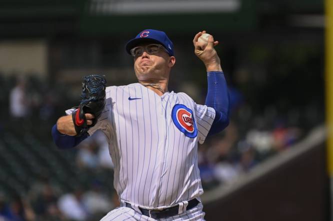 Sep 6, 2023; Chicago, Illinois, USA;  Chicago Cubs starting pitcher Jordan Wicks (36) delivers a pitch against the San Francisco Giants during the first inning at Wrigley Field. Mandatory Credit: Matt Marton-USA TODAY Sports