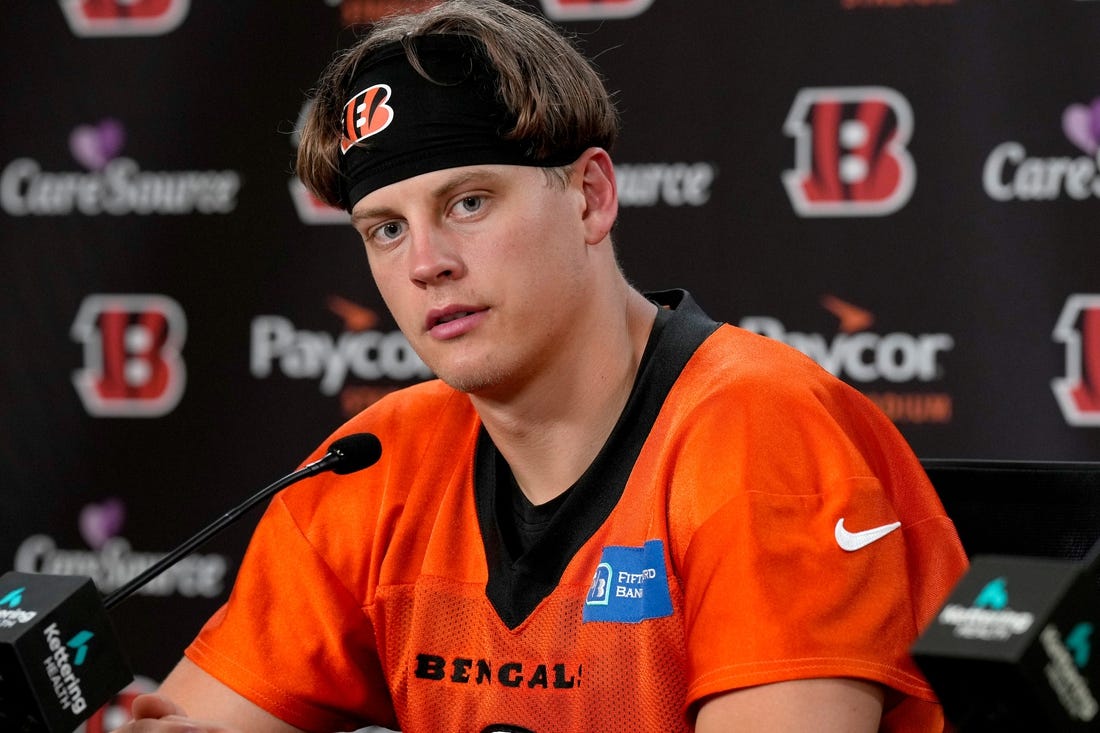 Cincinnati Bengals quarterback Joe Burrow speaks Wednesday, September 6, 2023 at Paycor Stadium during the Week 1 press conference ahead of Sunday's game against the Cleveland Browns.