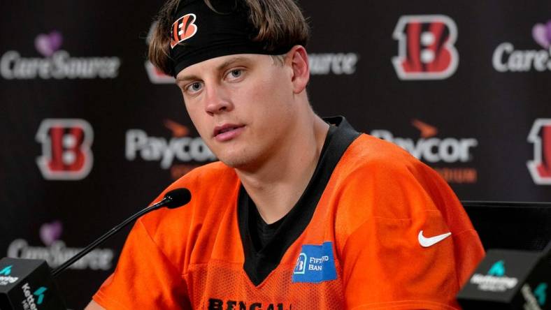 Cincinnati Bengals quarterback Joe Burrow speaks Wednesday, September 6, 2023 at Paycor Stadium during the Week 1 press conference ahead of Sunday's game against the Cleveland Browns.