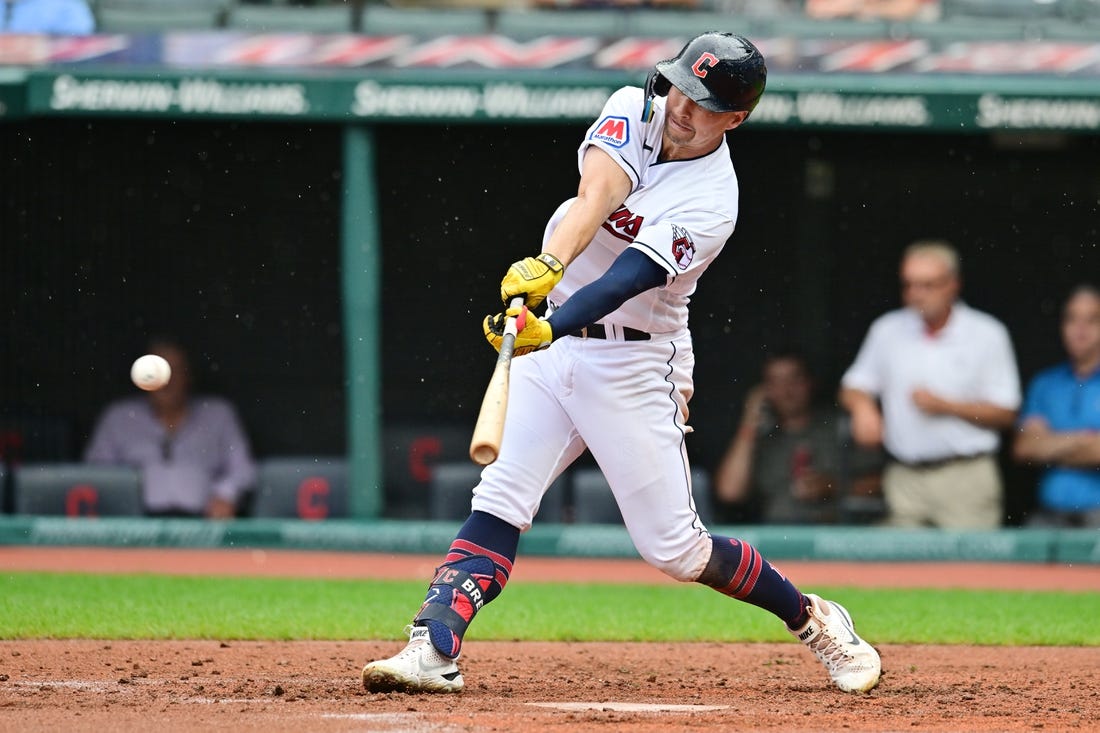 Sep 6, 2023; Cleveland, Ohio, USA; Cleveland Guardians left fielder Will Brennan (17) hits an RBI double during the fourth inning against the Minnesota Twins at Progressive Field. Mandatory Credit: Ken Blaze-USA TODAY Sports