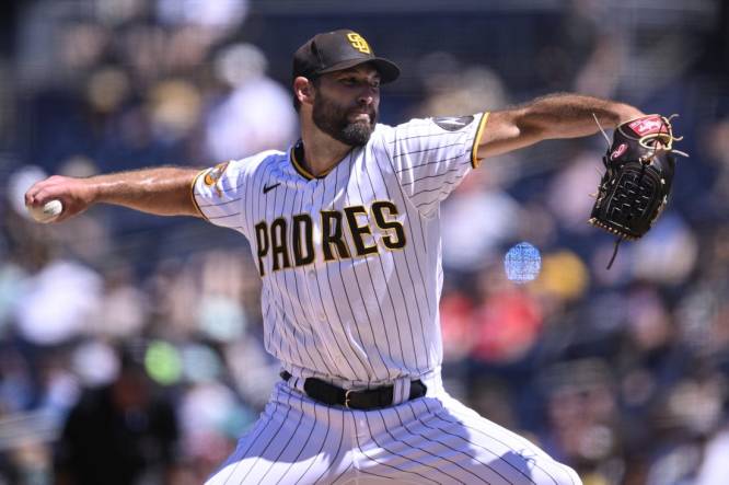 Sep 6, 2023; San Diego, California, USA; San Diego Padres starting pitcher Michael Wacha (52) throws a pitch against the Philadelphia Phillies during the first inning at Petco Park. Mandatory Credit: Orlando Ramirez-USA TODAY Sports
