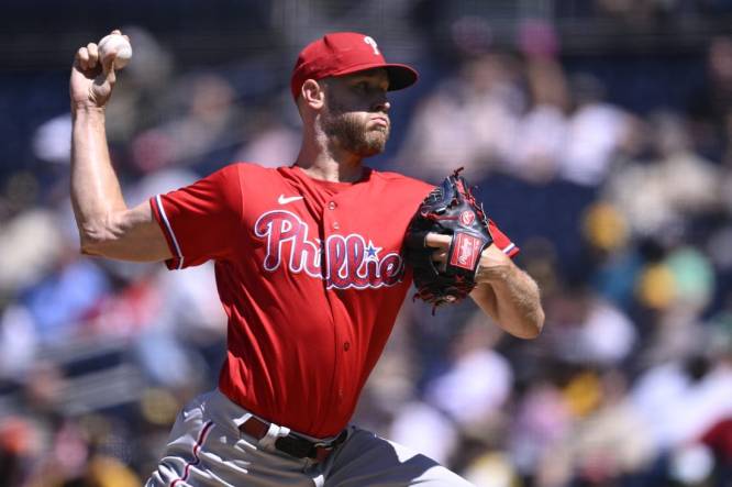 Sep 6, 2023; San Diego, California, USA; Philadelphia Phillies starting pitcher Zack Wheeler (45) throws a pitch against the San Diego Padres during the first inning at Petco Park. Mandatory Credit: Orlando Ramirez-USA TODAY Sports