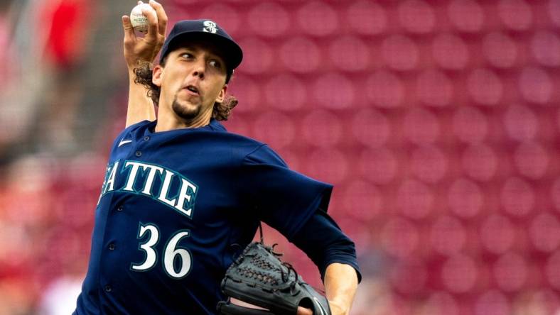 Seattle Mariners starting pitcher Logan Gilbert (36) delivers the pitch in the first inning of the MLB baseball game between the Cincinnati Reds and the Seattle Mariners at Great American Ball Park in Cincinnati on Wednesday, Sept. 6, 2023.