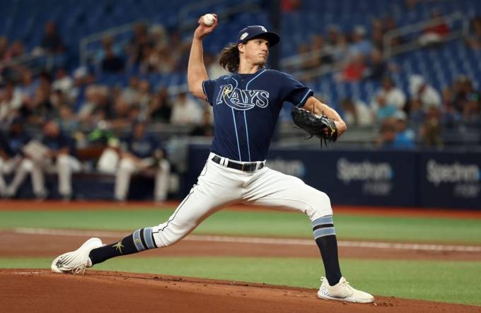 Sep 6, 2023; St. Petersburg, Florida, USA;  Tampa Bay Rays starting pitcher Tyler Glasnow (20) throws a pitch against the Boston Red Sox during the first inning at Tropicana Field. Mandatory Credit: Kim Klement Neitzel-USA TODAY Sports