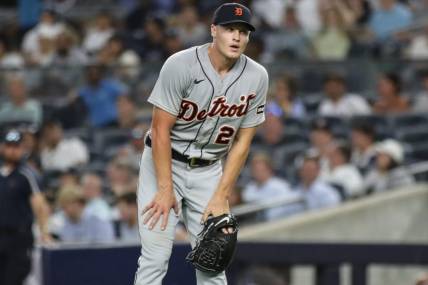 Sep 6, 2023; Bronx, New York, USA;  Detroit Tigers starting pitcher Matt Manning (25) reacts after getting hit by a line drive in the first inning against the New York Yankees at Yankee Stadium. Mandatory Credit: Wendell Cruz-USA TODAY Sports