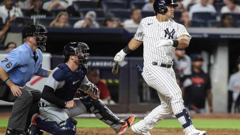 Sep 6, 2023; Bronx, New York, USA;  New York Yankees center fielder Jasson Dominguez (89) hits an RBI single in the fourth inning against the Detroit Tigers at Yankee Stadium. Mandatory Credit: Wendell Cruz-USA TODAY Sports