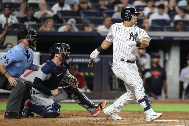 Sep 6, 2023; Bronx, New York, USA;  New York Yankees center fielder Jasson Dominguez (89) hits an RBI single in the fourth inning against the Detroit Tigers at Yankee Stadium. Mandatory Credit: Wendell Cruz-USA TODAY Sports