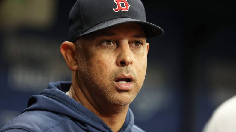 Sep 6, 2023; St. Petersburg, Florida, USA;  Boston Red Sox manager Alex Cora (13) looks on during the eighth inning against the Tampa Bay Rays at Tropicana Field. Mandatory Credit: Kim Klement Neitzel-USA TODAY Sports