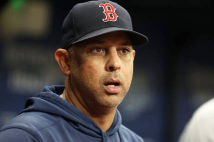 Sep 6, 2023; St. Petersburg, Florida, USA;  Boston Red Sox manager Alex Cora (13) looks on during the eighth inning against the Tampa Bay Rays at Tropicana Field. Mandatory Credit: Kim Klement Neitzel-USA TODAY Sports