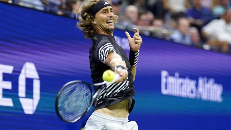 Sep 6, 2023; Flushing, NY, USA; Alexander Zverev of Germany hits to Carlos Alcaraz of Spain on day ten of the 2023 U.S. Open tennis tournament at USTA Billie Jean King National Tennis Center. Mandatory Credit: Danielle Parhizkaran-USA TODAY Sports