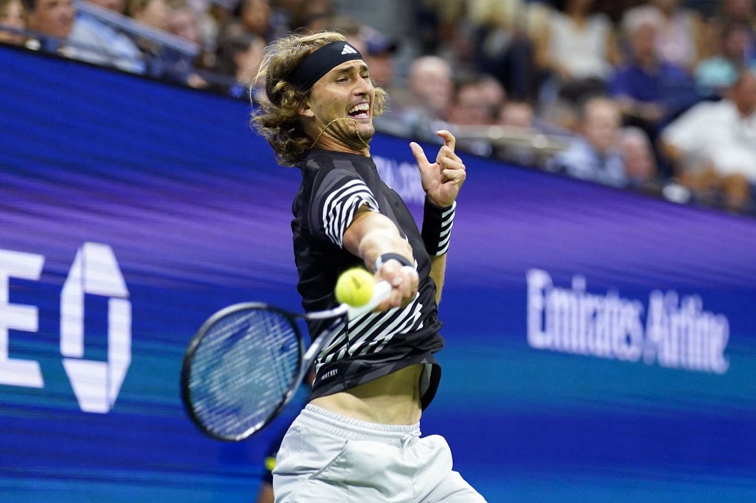 Sep 6, 2023; Flushing, NY, USA; Alexander Zverev of Germany hits to Carlos Alcaraz of Spain on day ten of the 2023 U.S. Open tennis tournament at USTA Billie Jean King National Tennis Center. Mandatory Credit: Danielle Parhizkaran-USA TODAY Sports