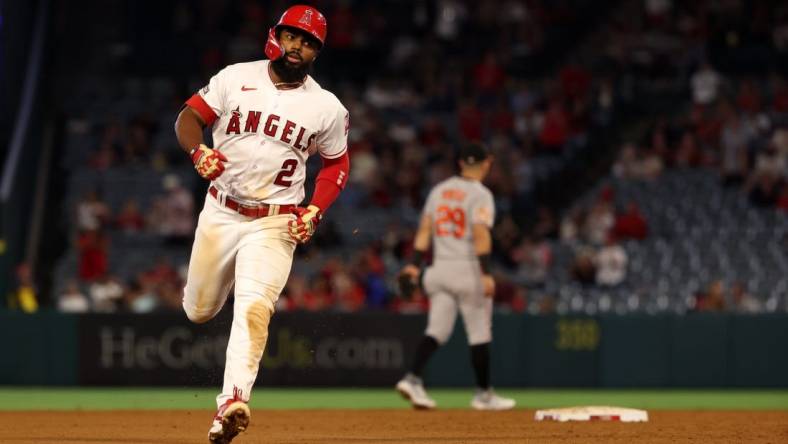 Sep 6, 2023; Anaheim, California, USA;  Los Angeles Angels shortstop Luis Rengifo (2) runs around bases after hitting a 2-run home run during the third inning against the Baltimore Orioles at Angel Stadium. Mandatory Credit: Kiyoshi Mio-USA TODAY Sports