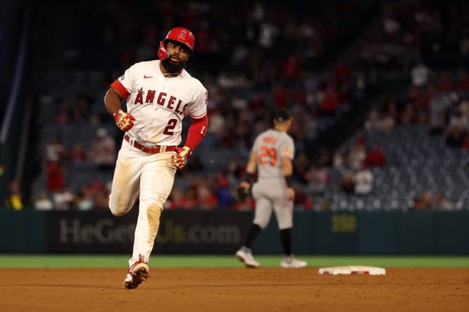 Sep 6, 2023; Anaheim, California, USA;  Los Angeles Angels shortstop Luis Rengifo (2) runs around bases after hitting a 2-run home run during the third inning against the Baltimore Orioles at Angel Stadium. Mandatory Credit: Kiyoshi Mio-USA TODAY Sports