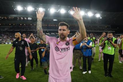 Sep 3, 2023; Los Angeles, California, USA; Inter Miami CF forward Lionel Messi (10) gestures after the game against LAFC at BMO Stadium. Mandatory Credit: Kirby Lee-USA TODAY Sports