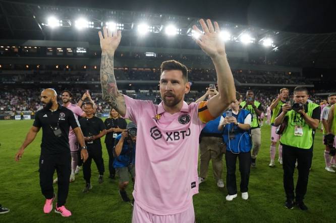 Sep 3, 2023; Los Angeles, California, USA; Inter Miami CF forward Lionel Messi (10) gestures after the game against LAFC at BMO Stadium. Mandatory Credit: Kirby Lee-USA TODAY Sports