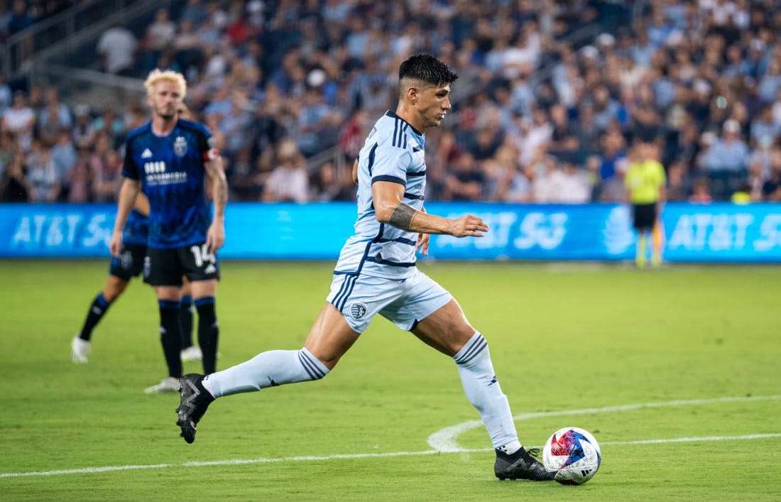 Aug 26, 2023; Kansas City, Kansas, USA; Sporting Kansas City forward Alan Pulido (9) controls the ball during the second half against the San Jose Earthquakes at Children's Mercy Park. Mandatory Credit: Jay Biggerstaff-USA TODAY Sports