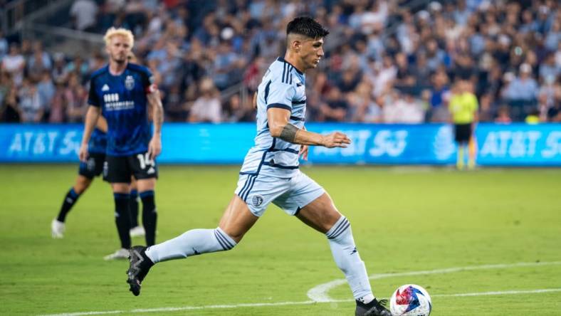 Aug 26, 2023; Kansas City, Kansas, USA; Sporting Kansas City forward Alan Pulido (9) controls the ball during the second half against the San Jose Earthquakes at Children's Mercy Park. Mandatory Credit: Jay Biggerstaff-USA TODAY Sports