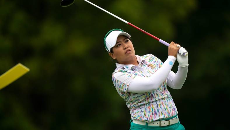 Ruixin Liu, of Guangdong, China, looks on after teeing off during round 1 of the 2023 Kroger Queen City Championship in at Kenwood Country Club in Madeira, Ohio, on Thursday, Sept. 7, 2023.