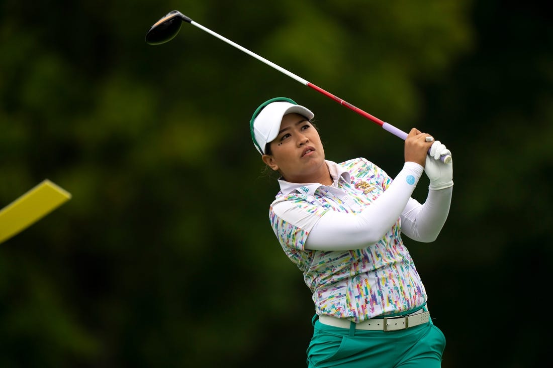 Ruixin Liu, of Guangdong, China, looks on after teeing off during round 1 of the 2023 Kroger Queen City Championship in at Kenwood Country Club in Madeira, Ohio, on Thursday, Sept. 7, 2023.