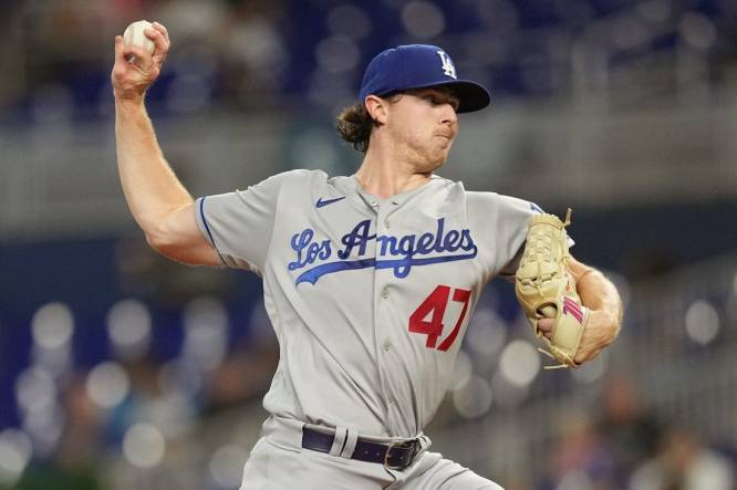 Sep 7, 2023; Miami, Florida, USA; Los Angeles Dodgers starting pitcher Ryan Pepiot (47) pitches against the Miami Marlins in the first inning at loanDepot Park. Mandatory Credit: Jim Rassol-USA TODAY Sports