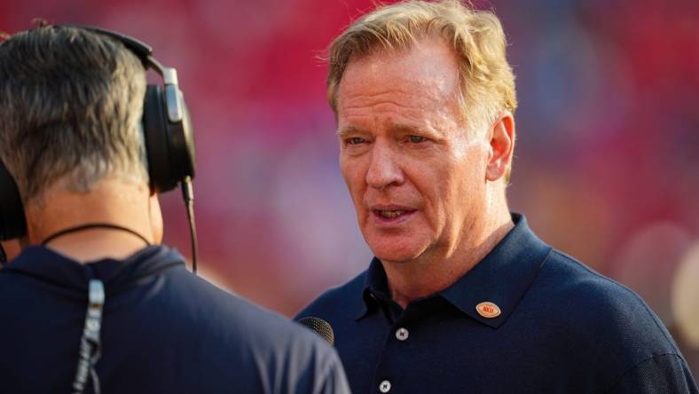 Sep 7, 2023; Kansas City, Missouri, USA; NFL commissioner Roger Goodell is interviewed prior to a game between the Detroit Lions and the Kansas City Chiefs at GEHA Field at Arrowhead Stadium. Mandatory Credit: Jay Biggerstaff-USA TODAY Sports