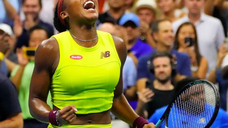 Sept 7, 2023; Flushing, NY, USA;  Coco Gauff of the USA after beating Karolina Muchova of Czech Republic in a women s singles semifinal on day eleven of the 2023 U.S. Open tennis tournament at USTA Billie Jean King National Tennis Center. Mandatory Credit: Robert Deutsch-USA TODAY Sports