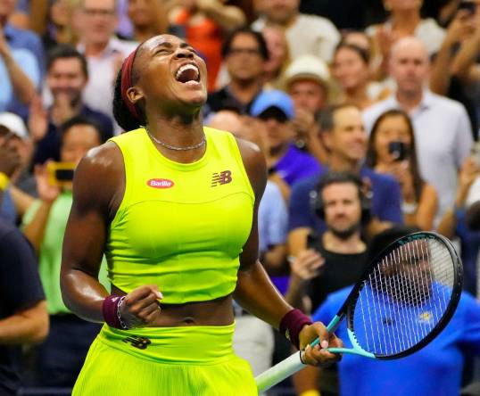 Sept 7, 2023; Flushing, NY, USA;  Coco Gauff of the USA after beating Karolina Muchova of Czech Republic in a women s singles semifinal on day eleven of the 2023 U.S. Open tennis tournament at USTA Billie Jean King National Tennis Center. Mandatory Credit: Robert Deutsch-USA TODAY Sports