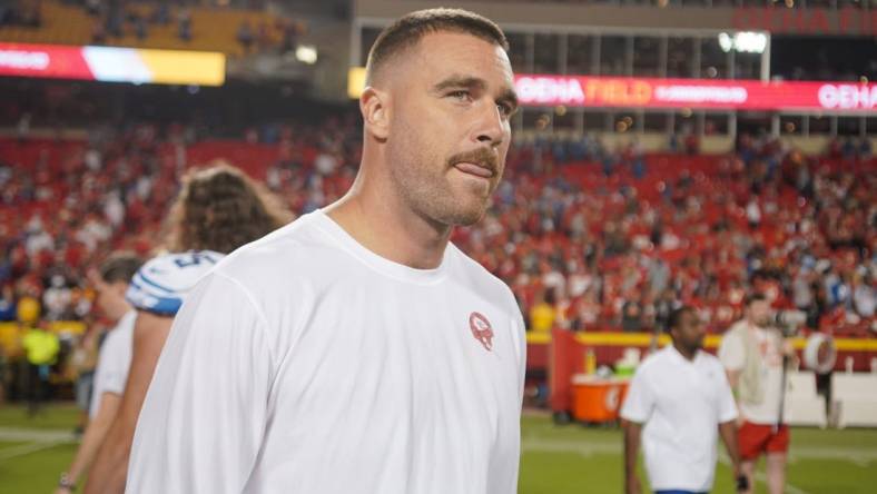 Sep 7, 2023; Kansas City, Missouri, USA; Kansas City Chiefs tight end Travis Kelce (87) on field against the Detroit Lions after the game at GEHA Field at Arrowhead Stadium. Mandatory Credit: Denny Medley-USA TODAY Sports