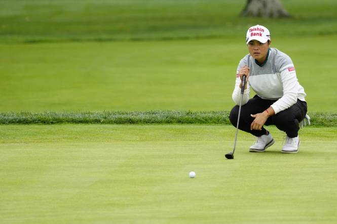 Sep 8, 2023; Madeira, OH, USA;  Peiyun Chien, from Pingtung, Chinese Taipei, sizes up a putt on the 9th green in the 2023 Kroger Queen City Championship presented by P&G at Kenwood Country Club in Madeira, Ohio, Friday, Sept. 8, 2023. Mandatory Credit: Liz Dufour-USA TODAY Sports