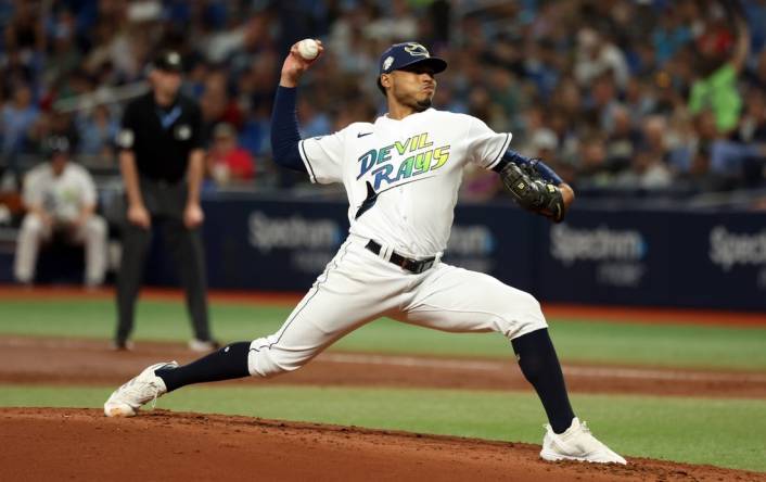 Sep 8, 2023; St. Petersburg, Florida, USA; Tampa Bay Rays starting pitcher Taj Bradley (45) throws a pitch  against the Seattle Mariners during the second inning at Tropicana Field. Mandatory Credit: Kim Klement Neitzel-USA TODAY Sports