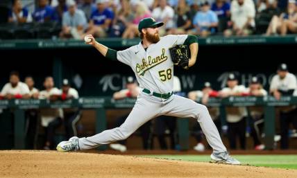 Sep 8, 2023; Arlington, Texas, USA;  Oakland Athletics starting pitcher Paul Blackburn (58) throws during the second inning against the Texas Rangers at Globe Life Field. Mandatory Credit: Kevin Jairaj-USA TODAY Sports