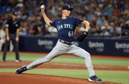 Sep 8, 2023; St. Petersburg, Florida, USA; Seattle Mariners starting pitcher George Kirby (68) throws a pitch against the Tampa Bay Rays during the third inning at Tropicana Field. Mandatory Credit: Kim Klement Neitzel-USA TODAY Sports