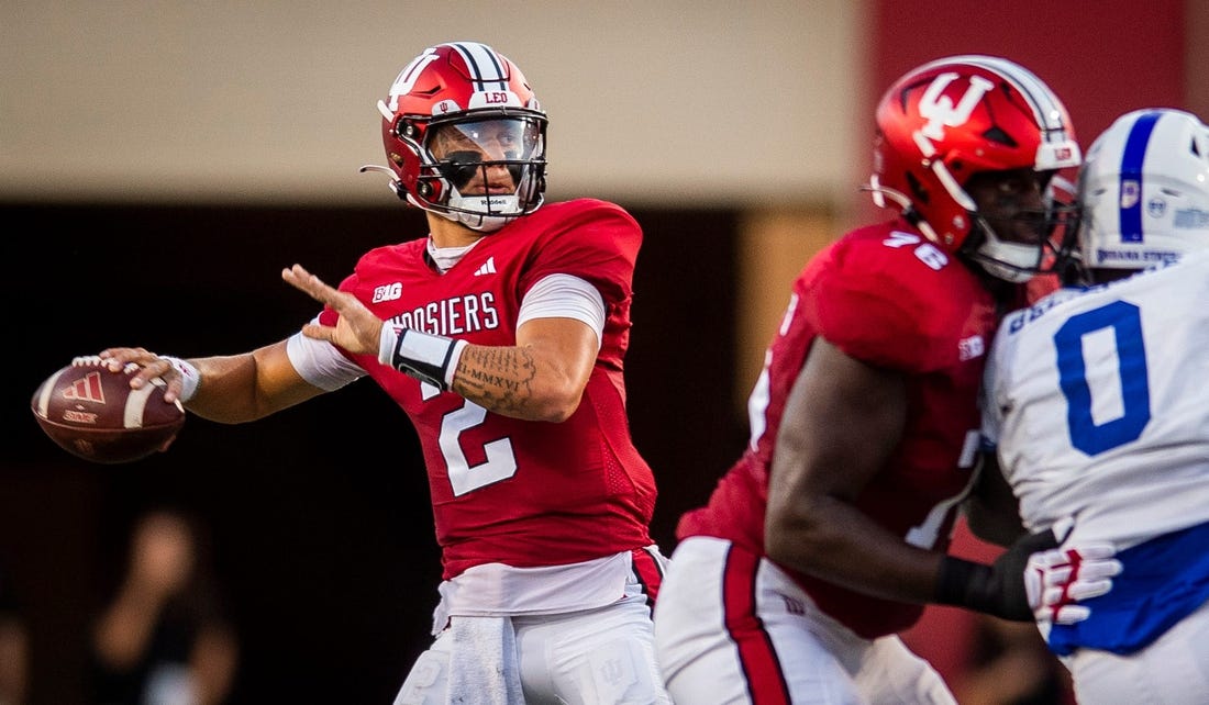 Indiana's Tayven Jackson (2) passes during the first half of the Indiana versus Indiana State football game at Memorial Stadium on Friday, Sept. 8, 2023.