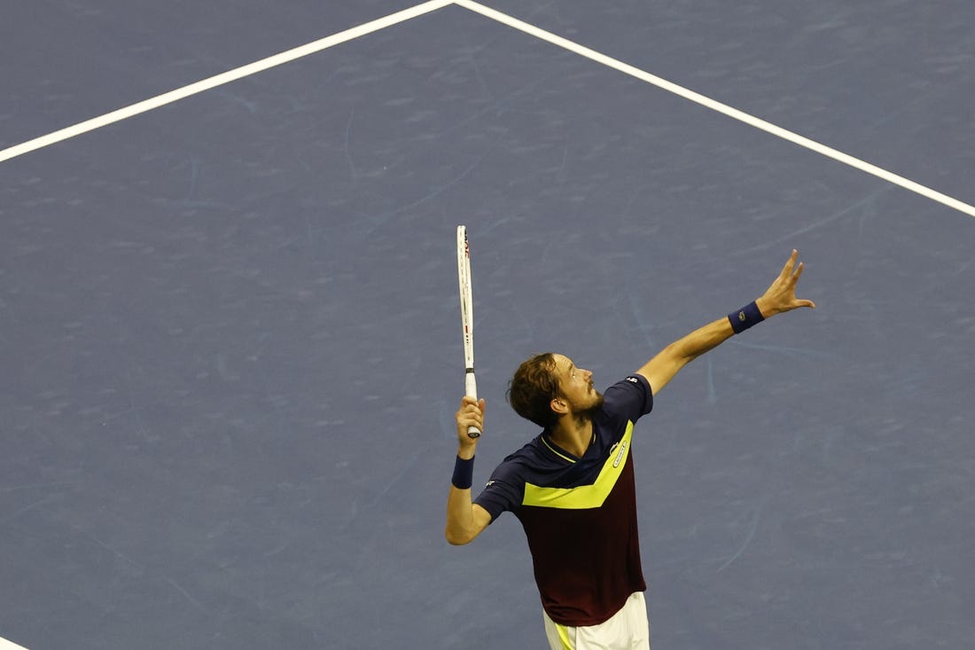 Sep 8, 2023; Flushing, NY, USA; Daniil Medvedev serves against Carlos Alcaraz of Spain (not pictured) in a men's singles semifinal on day twelve of the 2023 U.S. Open tennis tournament at USTA Billie Jean King Tennis Center. Mandatory Credit: Geoff Burke-USA TODAY Sports