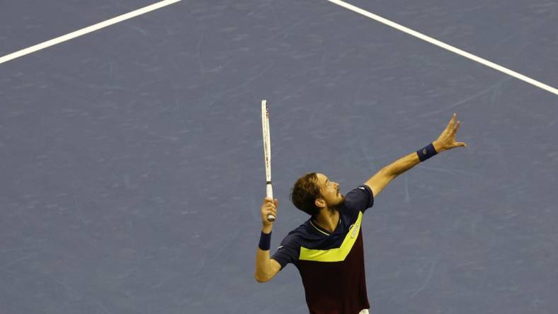 Sep 8, 2023; Flushing, NY, USA; Daniil Medvedev serves against Carlos Alcaraz of Spain (not pictured) in a men's singles semifinal on day twelve of the 2023 U.S. Open tennis tournament at USTA Billie Jean King Tennis Center. Mandatory Credit: Geoff Burke-USA TODAY Sports