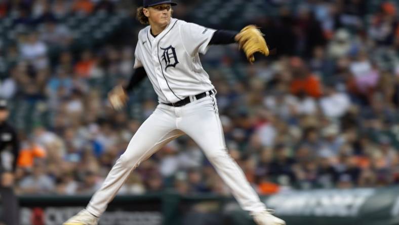 Sep 8, 2023; Detroit, Michigan, USA; Detroit Tigers starting pitcher Reese Olson (45) throws in the fourth inning against the Chicago White Sox at Comerica Park. Mandatory Credit: David Reginek-USA TODAY Sports