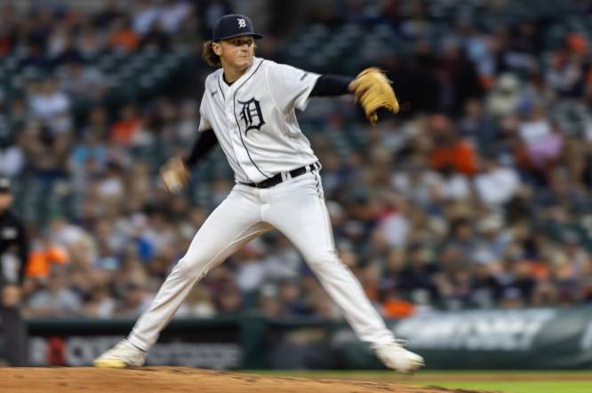 Sep 8, 2023; Detroit, Michigan, USA; Detroit Tigers starting pitcher Reese Olson (45) throws in the fourth inning against the Chicago White Sox at Comerica Park. Mandatory Credit: David Reginek-USA TODAY Sports