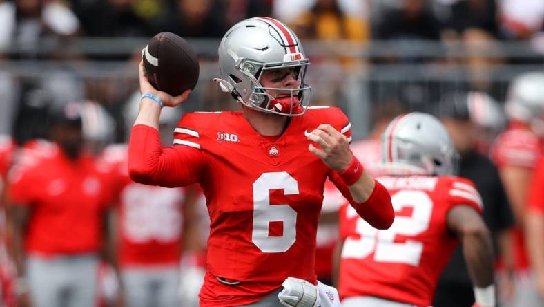 Sep 9, 2023; Columbus, Ohio, USA;  Ohio State Buckeyes quarterback Kyle McCord (6) drops to throw during the first quarter against the Youngstown State Penguins at Ohio Stadium. Mandatory Credit: Joseph Maiorana-USA TODAY Sports